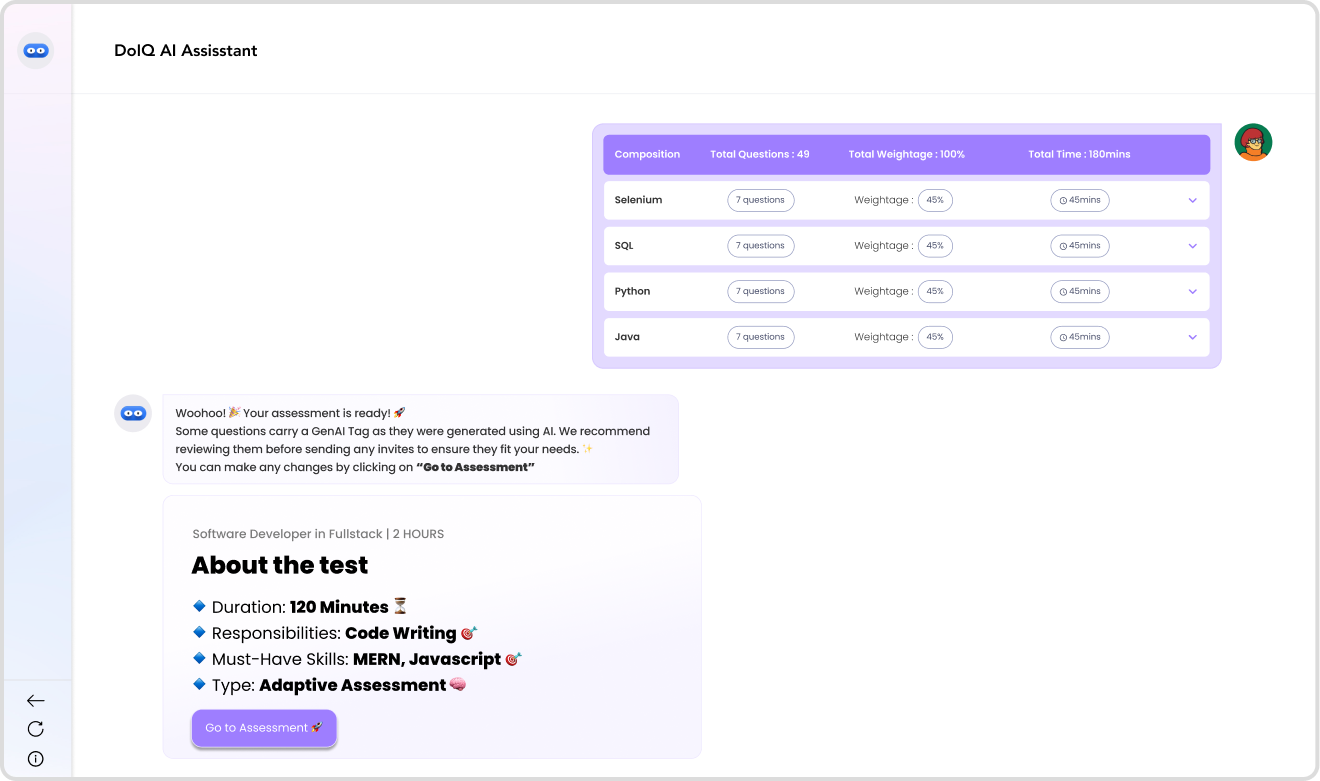 Step 4 — assessment ready, with composition summary and test overview