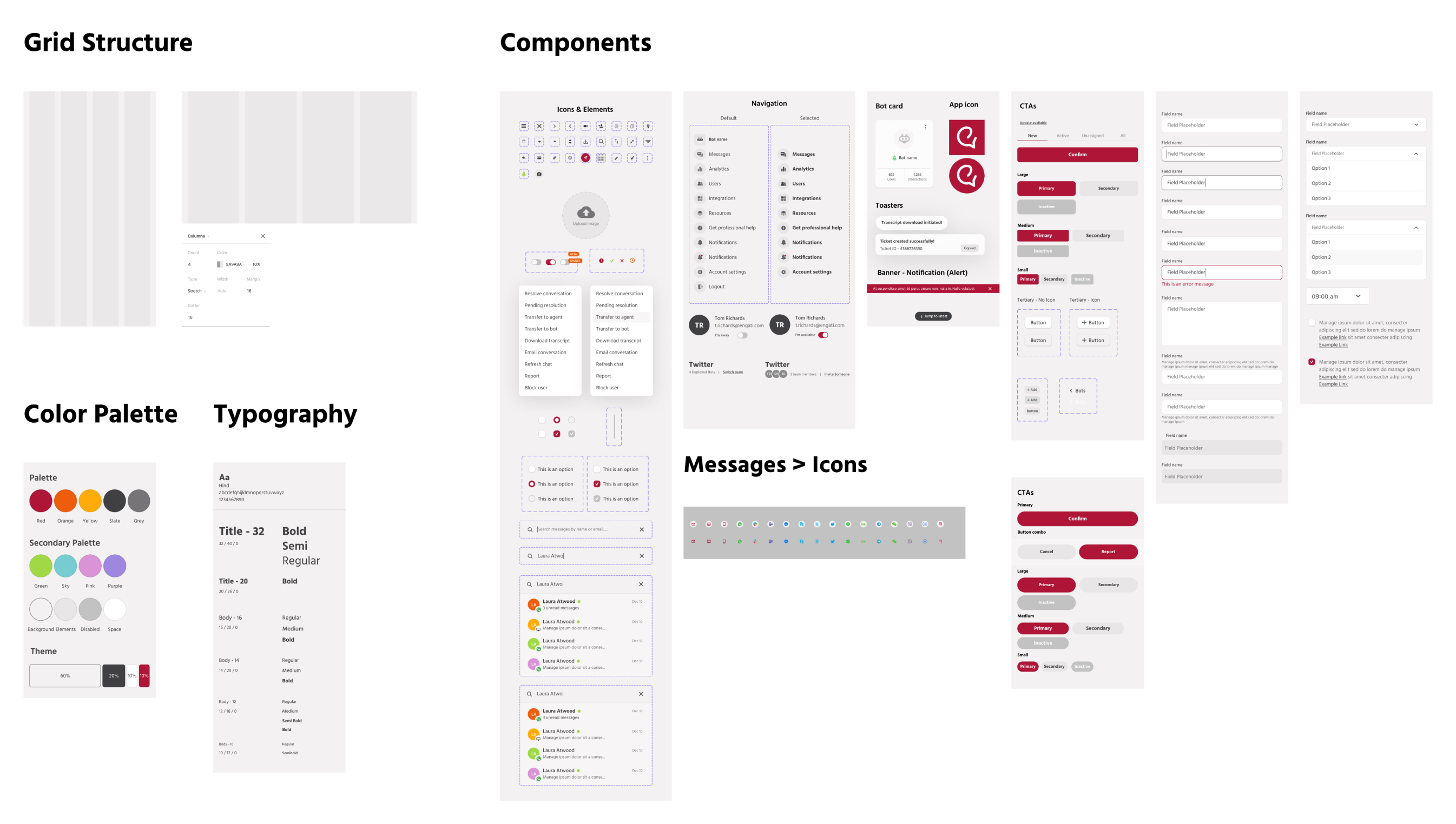 Engati design system: grid structure, color palette, typography, and components