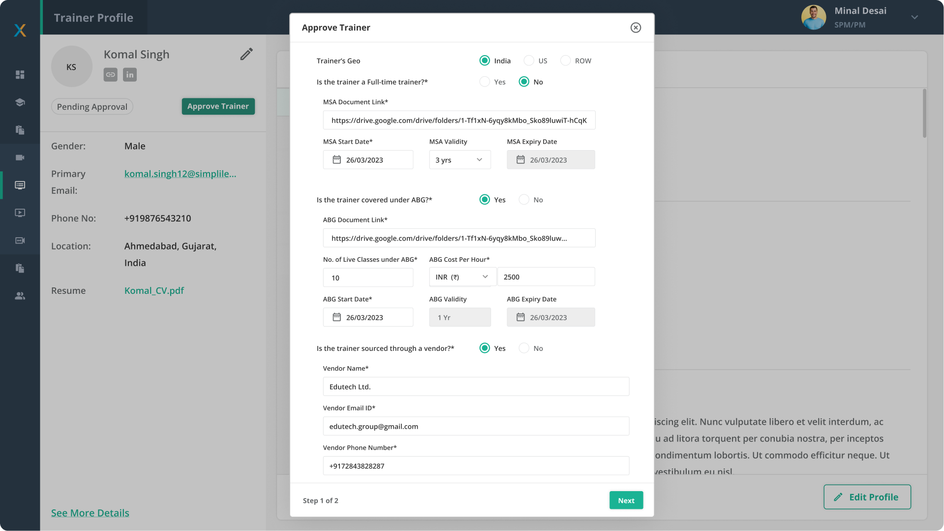Approve Trainer modal — step 1 of 2, MSA and ABG details