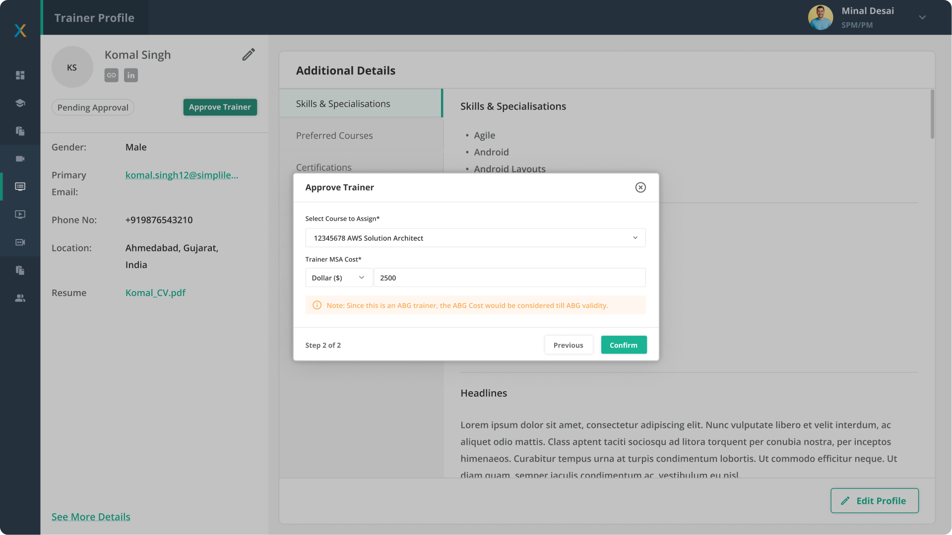 Approve Trainer modal — step 2 of 2, course assignment and cost