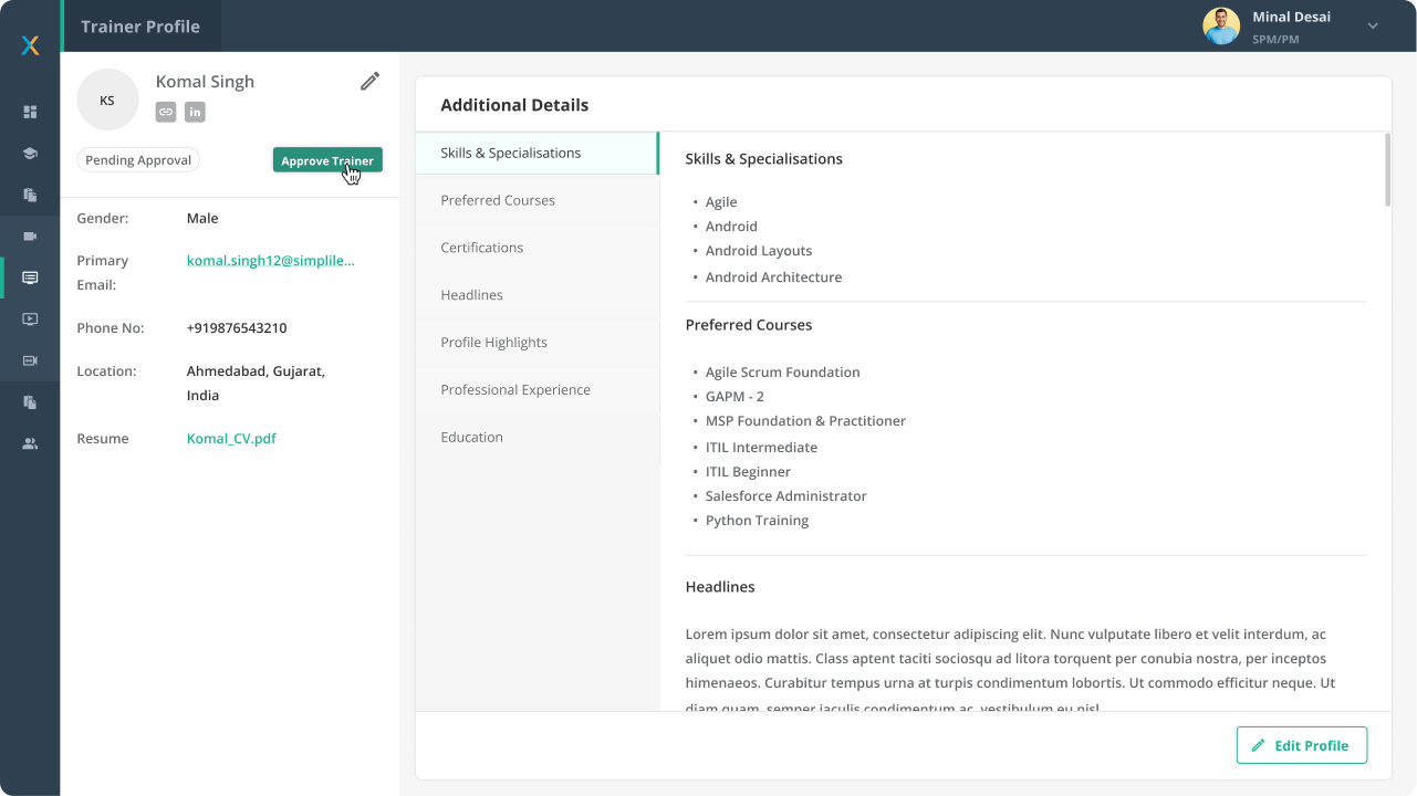 Trainer profile with Additional Details panel, before approval